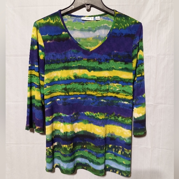 Susan Graver Tops - Susan Graver EUC Green Blue Yellow Striped V-neck Top, Size Small